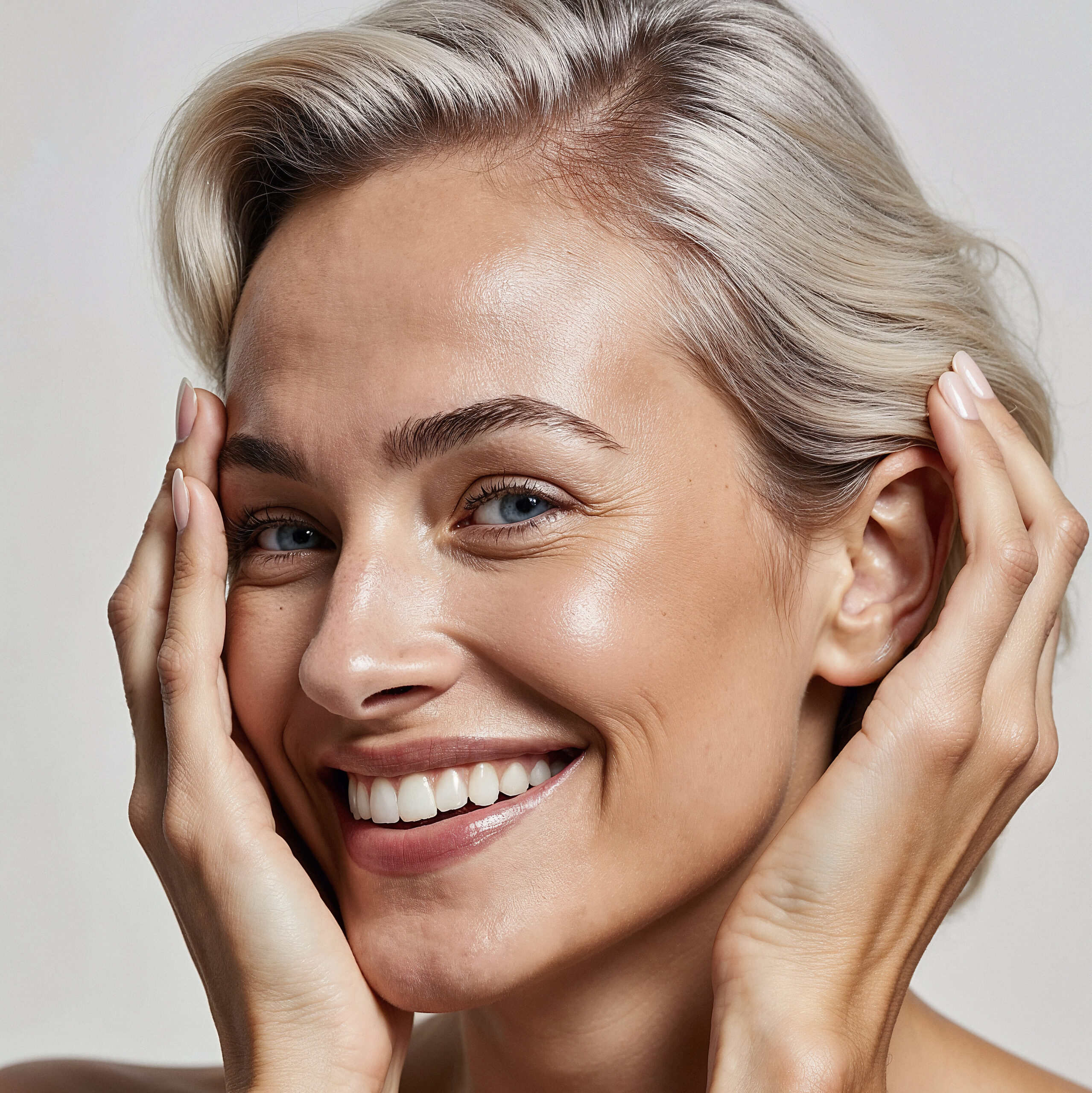 junge Frau lächelt und stützt Hände neben ihr Gesicht